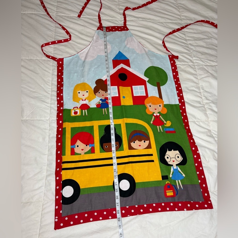 Colorful School House and School Bus Themed Apron with Polka Dot Background - Picture 5 of 10